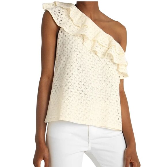 Banana Republic One-Shoulder Ivory Eyelet Ruffle Blouse Women SZ M Cotton Blend - Picture 1 of 9
